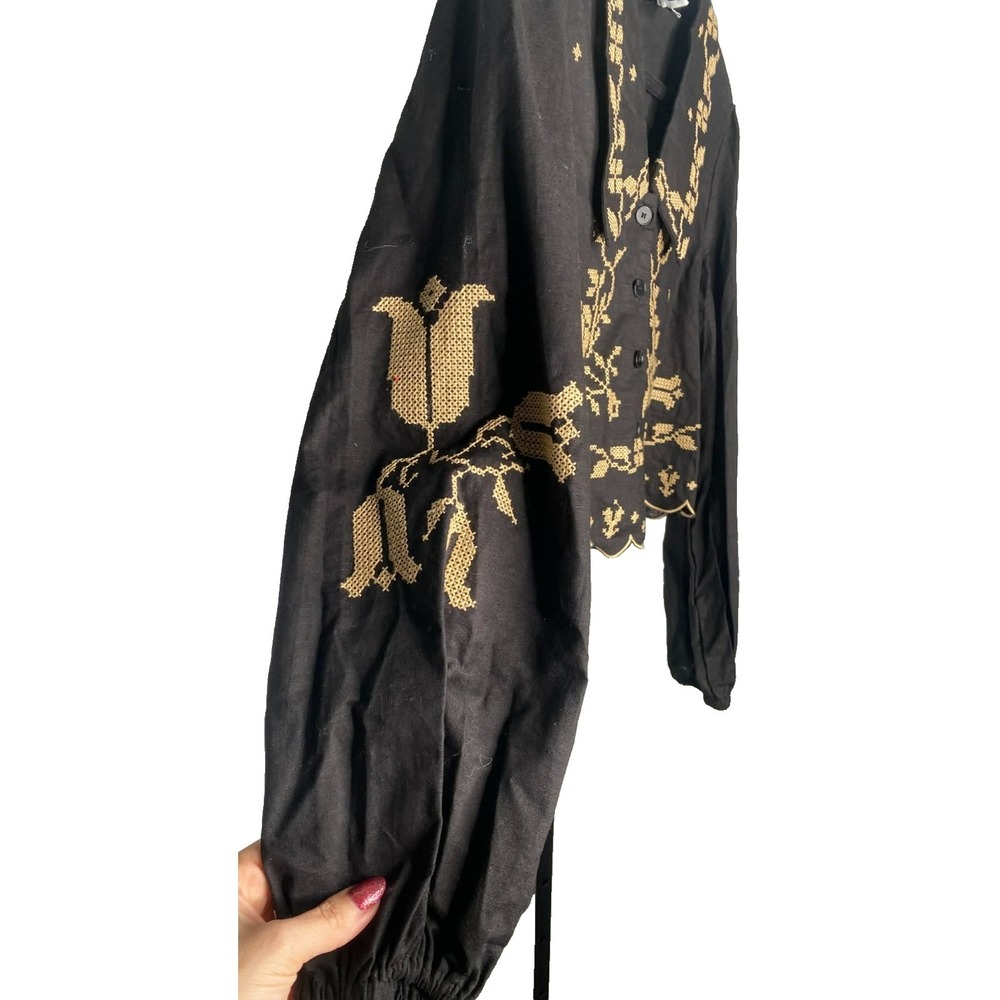 Women's Mable‎ linen blend Cropped Size S Black Scalloped Hem Buttons Feminine - Picture 3 of 9